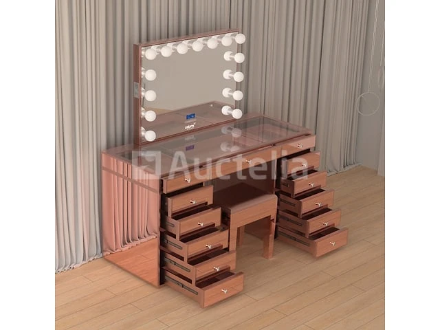 Luxe kaptafel met verlichting - 1500x600x810mm - hoogglans roze - incl. krukje - afbeelding 1 van  12