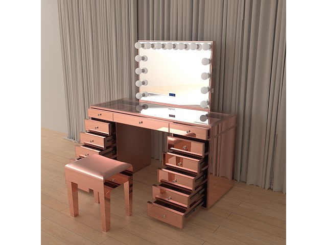 Luxe kaptafel met verlichting - 1500x600x810mm - hoogglans roze - incl. krukje - afbeelding 1 van  12
