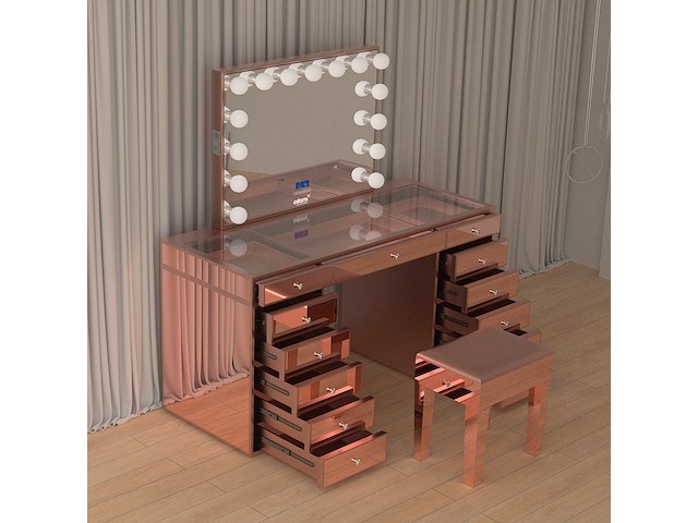 Luxe kaptafel met verlichting - 1500x600x810mm - hoogglans roze - incl. krukje - afbeelding 8 van  12