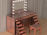 Luxe kaptafel met verlichting - 1500x600x810mm - hoogglans roze - incl. krukje - afbeelding 8 van  12