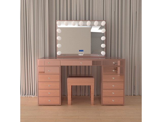 Luxe kaptafel met verlichting - 1500x600x810mm - hoogglans roze - incl. krukje - afbeelding 2 van  12