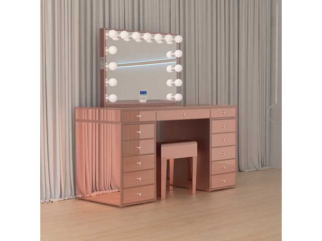 Luxe kaptafel met verlichting - 1500x600x810mm - hoogglans roze - incl. krukje - afbeelding 3 van  12