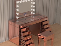 Luxe kaptafel met verlichting - 1500x600x810mm - hoogglans roze - incl. krukje - afbeelding 9 van  12