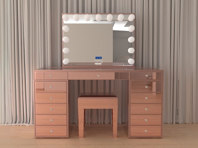 Luxe kaptafel met verlichting - 1500x600x810mm - hoogglans roze - incl. krukje - afbeelding 1 van  12
