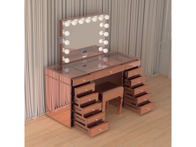 Luxe kaptafel met verlichting - 1500x600x810mm - hoogglans roze - incl. krukje - afbeelding 11 van  12