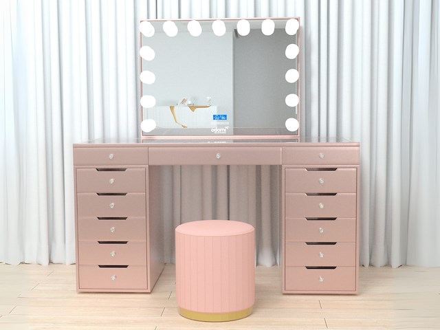 Luxe kaptafel met verlichting - 1500x600x810mm - roze - incl. poef - afbeelding 3 van  11