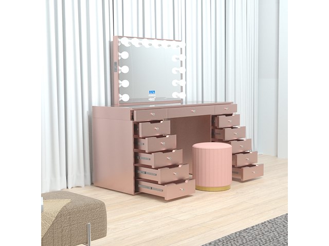 Luxe kaptafel met verlichting - 1500x600x810mm - roze - incl. poef - afbeelding 5 van  11