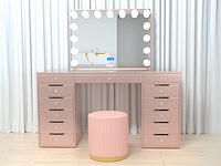 Luxe kaptafel met verlichting - 1500x600x810mm - roze - incl. poef - afbeelding 1 van  11