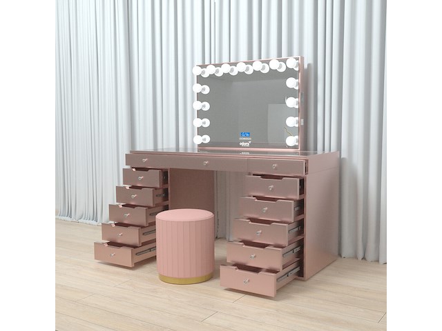 Luxe kaptafel met verlichting - 1500x600x810mm - roze - incl. poef - afbeelding 7 van  11