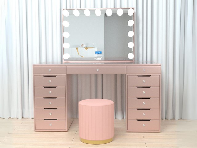 Luxe kaptafel met verlichting - 1500x600x810mm - roze - incl. poef - afbeelding 1 van  11