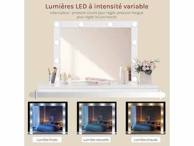 Make-up tafel met grote led-spiegel, 7 lades, stekkerdoos, 110 cm - afbeelding 3 van  8