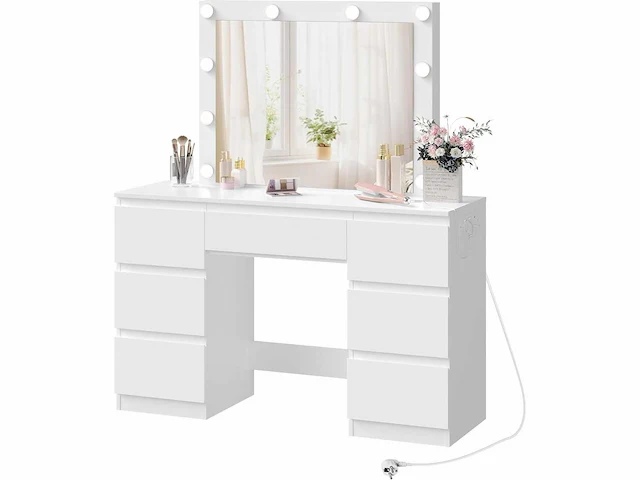 Make-up tafel met grote led-spiegel, 7 lades, stekkerdoos, 110 cm - afbeelding 2 van  8