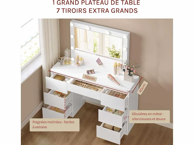 Make-up tafel met grote led-spiegel, 7 lades, stekkerdoos, 110 cm - afbeelding 4 van  8
