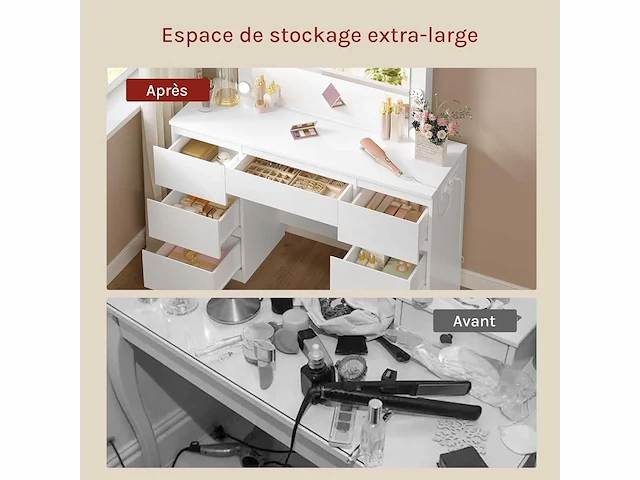 Make-up tafel met grote led-spiegel, 7 lades, stekkerdoos, 110 cm - afbeelding 6 van  8