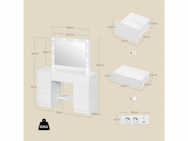 Make-up tafel met grote led-spiegel, 7 lades, stekkerdoos, 110 cm - afbeelding 8 van  8