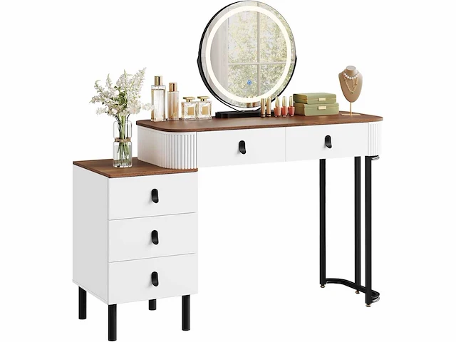 Make-up tafel met led-lampen, make-upbureau met 5 lades, dimbare ronde spiegel in 3 kleuren - afbeelding 2 van  5