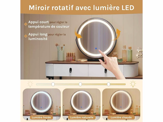 Make-up tafel met led-lampen, make-upbureau met 5 lades, dimbare ronde spiegel in 3 kleuren - afbeelding 3 van  5