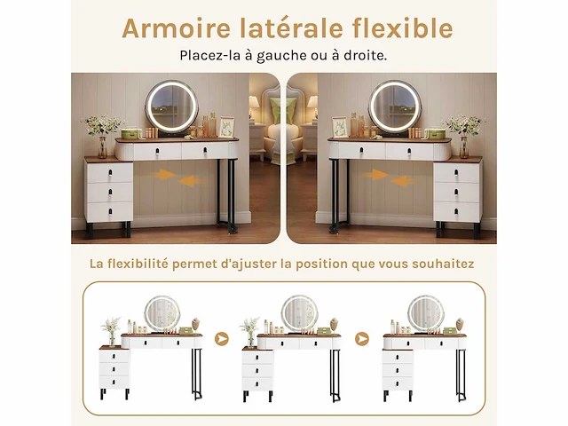 Make-up tafel met led-lampen, make-upbureau met 5 lades, dimbare ronde spiegel in 3 kleuren - afbeelding 4 van  5