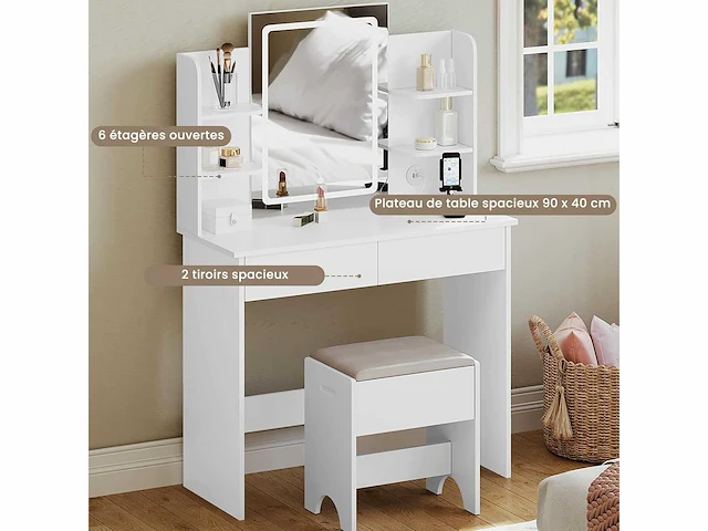 Make-up tafel met spiegel en led-lamp, make-up tafel 2 usb-poorten - afbeelding 3 van  4