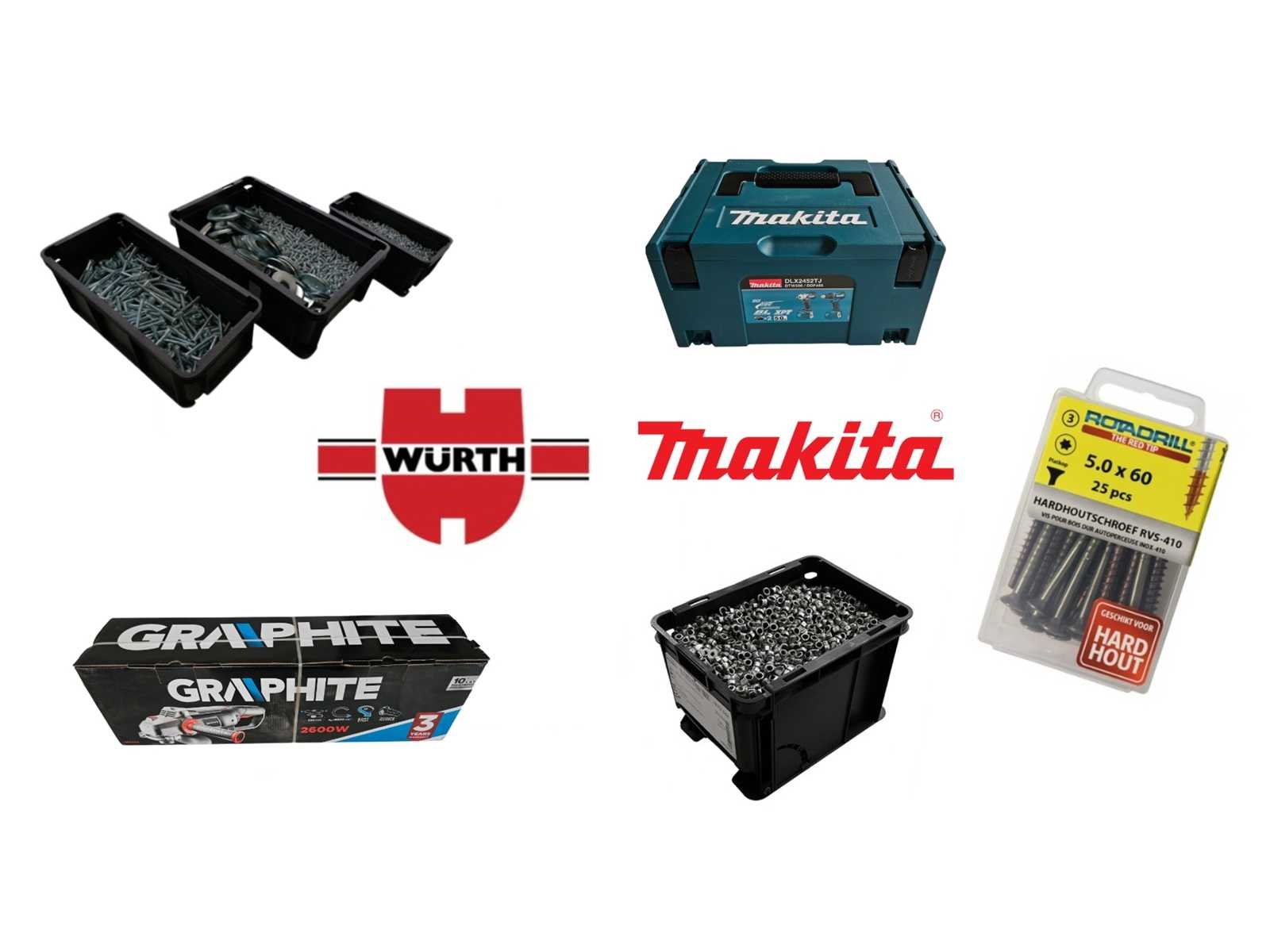 Makita, graphite en stanley fatmax. bevestigingsmaterialen, schroeven, moeren, bouten van o.a. wurth en rotadrill