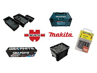Makita, graphite en stanley fatmax. bevestigingsmaterialen, schroeven, moeren, bouten van o.a. wurth en rotadrill