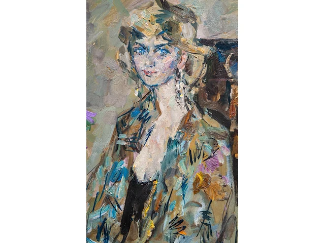 Maks avadevic birchstein (1914-2000), portrait of a lady seated, 1991, oil on canvas 89 x 79 cm. (35.0 x 31.1 in.), frame: 105 x 95 cm. (41.3 x 37.4 in.) - afbeelding 1 van  6
