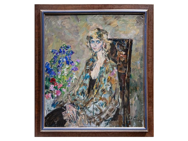 Maks avadevic birchstein (1914-2000), portrait of a lady seated, 1991, oil on canvas 89 x 79 cm. (35.0 x 31.1 in.), frame: 105 x 95 cm. (41.3 x 37.4 in.) - afbeelding 2 van  6