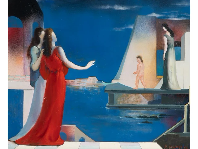 Marcel delmotte (1901-1984), 'les premiers pas vers l'âge adulte', oil on unalit 50 x 60 cm. (19.67 x 23.62 in.), frame: 54 x 64 cm. (21.26 x 25.19 in.) - afbeelding 1 van  7