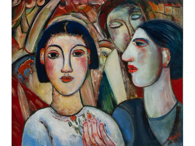 Marcel hocq (1933-2021), 'la fille et le clown', 2004, oil on canvas 50 x 60 cm. (19.67 x 23.62 in.), frame: 81.5 x 91.5 cm. (32.09 x 36.02 in.) - afbeelding 1 van  8