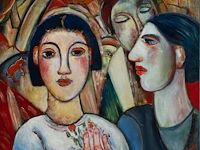 Marcel hocq (1933-2021), 'la fille et le clown', 2004, oil on canvas 50 x 60 cm. (19.67 x 23.62 in.), frame: 81.5 x 91.5 cm. (32.09 x 36.02 in.)