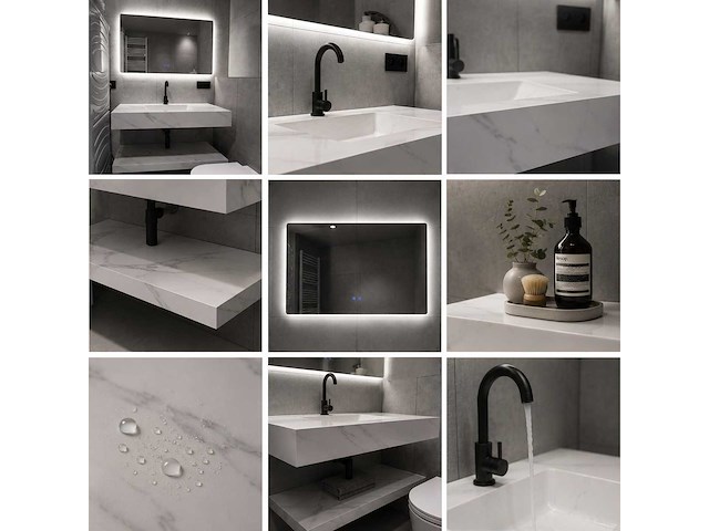 Marmer look badkamer meubel set 80cm incl kraan en spiegel - afbeelding 2 van  2