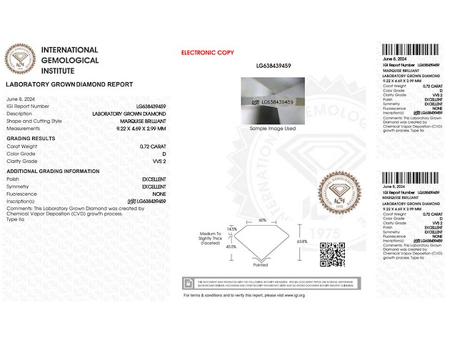 Marquise diamant 0.72ct – d/vvs2 – igi - afbeelding 3 van  3