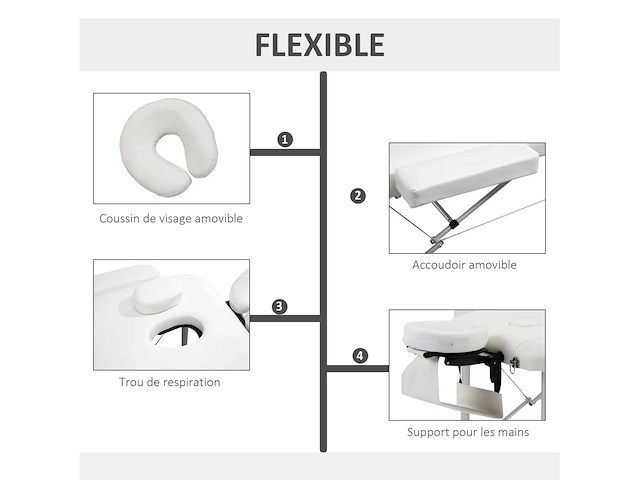 Massagetafel 3 zones opvouwbaar cosmetisch maximaal 225 kg hoogte verstelbaar wit aluminium frame - afbeelding 4 van  5