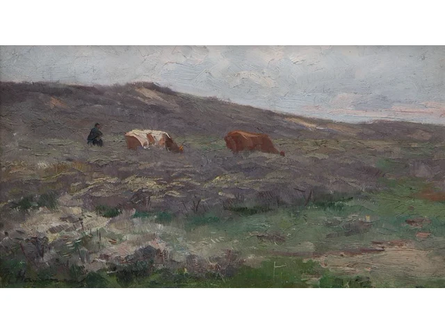 Maurice hagemans (1852-1917), grazing cows in a landscape, oil on canvas 21 x 36.5 cm. (8.26 x 14.36 in.), frame: 37.5 x 53 cm. (14.75 x 20.87 in.) - afbeelding 1 van  6