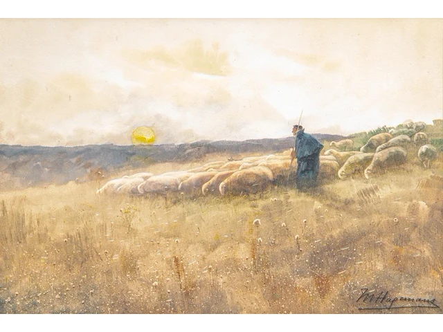 Maurice hagemans (1852-1917), shepherd with his flock of sheep, watercolour on paper 36 x 53 cm. (14.16 x 20.87 in.), frame: 46 x 63 cm. (18.10 x 24.80 in.) - afbeelding 1 van  6
