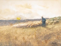 Maurice hagemans (1852-1917), shepherd with his flock of sheep, watercolour on paper 36 x 53 cm. (14.16 x 20.87 in.), frame: 46 x 63 cm. (18.10 x 24.80 in.)