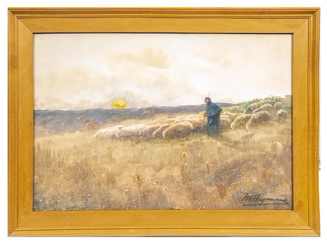 Maurice hagemans (1852-1917), shepherd with his flock of sheep, watercolour on paper 36 x 53 cm. (14.16 x 20.87 in.), frame: 46 x 63 cm. (18.10 x 24.80 in.) - afbeelding 2 van  6