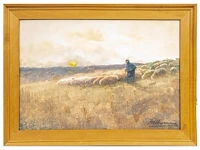 Maurice hagemans (1852-1917), shepherd with his flock of sheep, watercolour on paper 36 x 53 cm. (14.16 x 20.87 in.), frame: 46 x 63 cm. (18.10 x 24.80 in.) - afbeelding 2 van  6