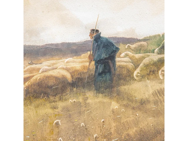 Maurice hagemans (1852-1917), shepherd with his flock of sheep, watercolour on paper 36 x 53 cm. (14.16 x 20.87 in.), frame: 46 x 63 cm. (18.10 x 24.80 in.) - afbeelding 5 van  6