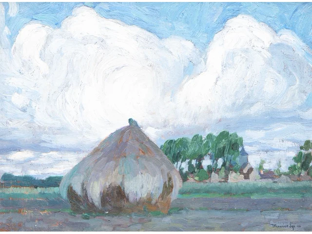 Maurice sijs (1880-1972), landscape with haystack and the church of sint-martens-latem, 1906, oil on cardboard 25.5 x 34 cm. (10.03 x 13.39 in.), frame: 28.5 x 37 cm. (11.22 x 14.57 in.) - afbeelding 1 van  5