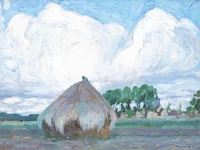 Maurice sijs (1880-1972), landscape with haystack and the church of sint-martens-latem, 1906, oil on cardboard 25.5 x 34 cm. (10.03 x 13.39 in.), frame: 28.5 x 37 cm. (11.22 x 14.57 in.)