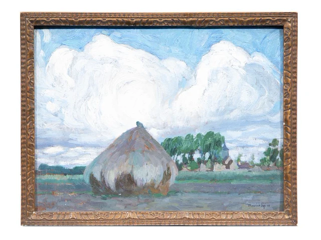 Maurice sijs (1880-1972), landscape with haystack and the church of sint-martens-latem, 1906, oil on cardboard 25.5 x 34 cm. (10.03 x 13.39 in.), frame: 28.5 x 37 cm. (11.22 x 14.57 in.) - afbeelding 2 van  5