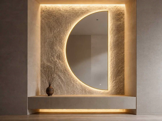 Mawialux decoratieve halve maan led spiegel in 180 of 200cm (zonder rand of mat zwart/goud rand) - afbeelding 1 van  19