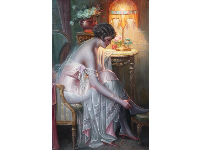 Max carlier (1872-1938), 'effet de lumière', oil on canvas 110 x 72 cm. (43.31 x 28.35 in.), frame: 132 x 95 cm. (51.96 x 37.39 in.) - afbeelding 1 van  8