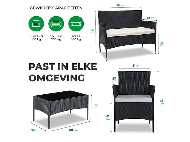 Maxxgarden 20460 loungeset jamaica - design wicker tuinset - 4 plaats - rattan zwart - afbeelding 2 van  4