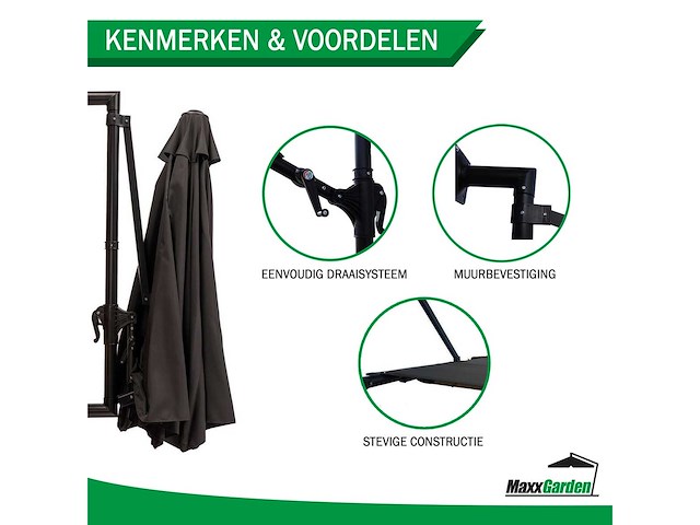 Maxxgarden 21219 parasol muurparasol - 270cm zwart - afbeelding 4 van  5