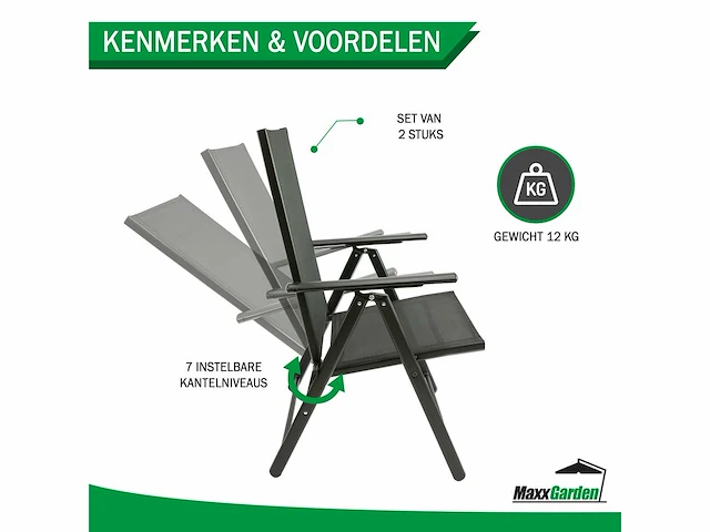 Maxxgarden 2x aluminium tuinstoel / tuin stoel zwart/zwart - afbeelding 3 van  7