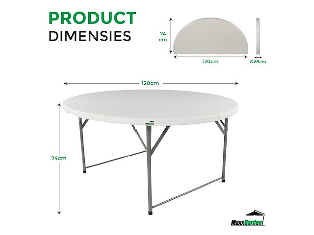 Maxxgarden vouwtafel 88505 - klaptafel - opvouwbare ronde tuin tafel - 120x74 cm - wit - afbeelding 3 van  4
