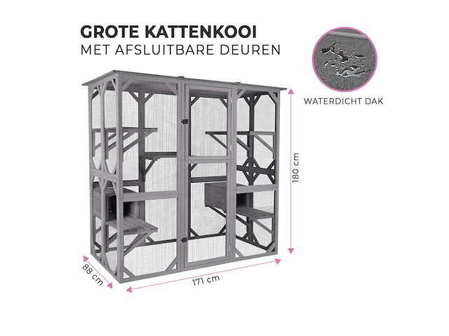Maxxpet kattenkooi - kattenvolière - 166x90x180cm grijs - afbeelding 4 van  4