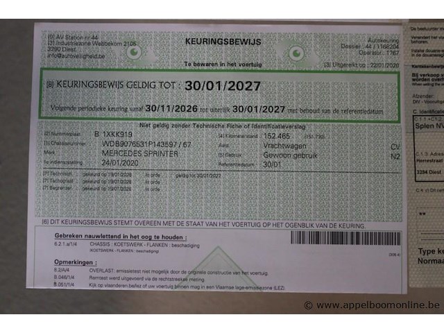 Mercedes sprinter, 1e insch 2020-01-24, 172021km, 120kw, diesel, manueel, mtm 5500kg, tarra 3770kg, laadverm. 1730kg, hoogwerker, wdb9076531p143597, keuring tot 2027-01-30, insch. deel i, coc en identificatieverslag - afbeelding 10 van  21